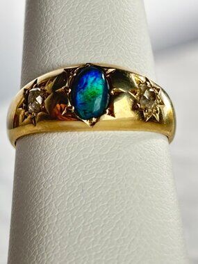 Antique 1916 18k Black Opal - Old European Cut Diamond Gypsy Ring Size 5.5 4.2g